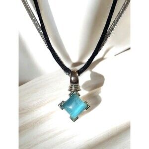 Vintage Silver Tone Blue Faux Cat's Eye Pendant Double Strand Necklace 18"